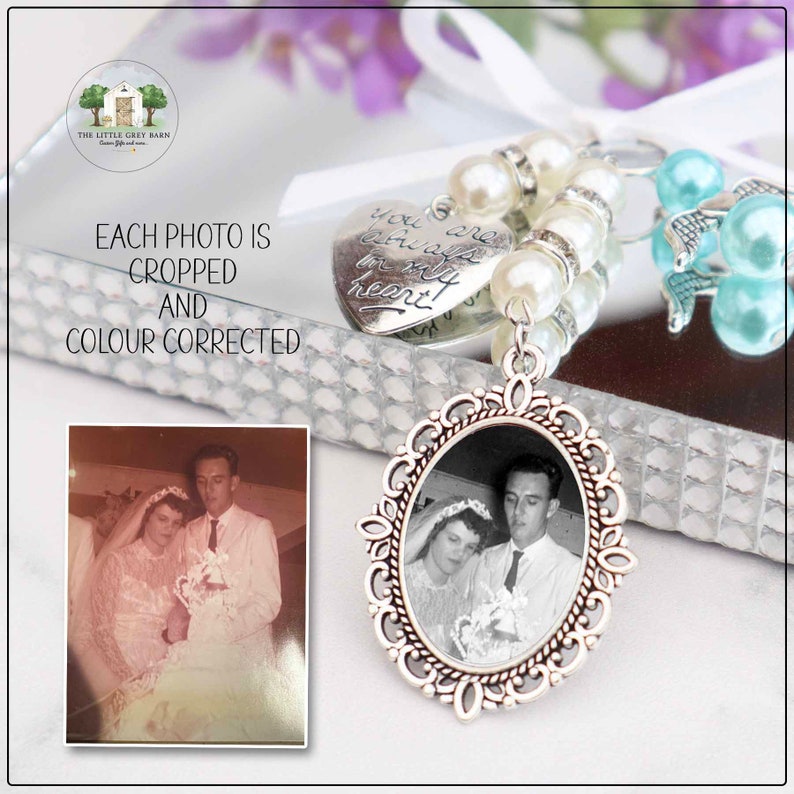 Memorial Bridal Bouquet Charm, Something Blue Bouquet Charms, Oval Wedding Memorial Keepsake, Flower Bouquet Photo Charm image 5