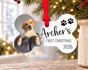 Première décoration de Noël pour chiot, décoration photo en forme d'os personnalisée avec le nom et l'année