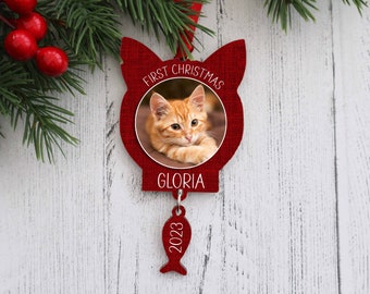 Cat ornament personalized with name and year, Kitten first Christmas ornament, Custom photo ornament