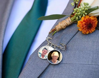 Groom's Memorial Pin,  Bouquet Charm, In Memory Photo Lapel Pin, Boutonniere memorial charm, Bridal Bouquet Pin