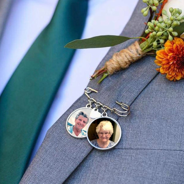 Groom's Memorial Pin,  Bouquet Charm, In Memory Photo Lapel Pin, Boutonniere memorial charm, Bridal Bouquet Pin