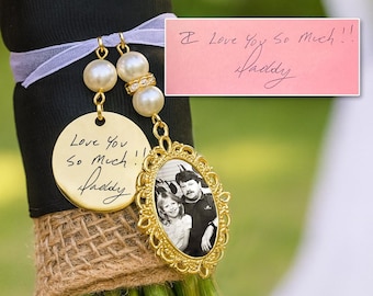 Personalized Handwriting Bridal Bouquet Charm, Memorial Gifts for Bride, Bouquet Photo Charm, Custom Engraved Pendant, Made in Canada