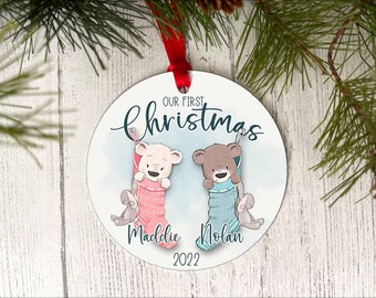Twins First Christmas Ornament.  Baby's first  Christmas Ornament 2022, Personalized Teddy Bear Christmas Ornament
