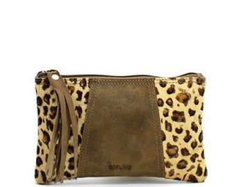 Leather Pouch Wallet · Handmade Women's Recycled Leather Pouch · Animal Print Bag · Soft Makeup Bag ·  Leopard Travel Case · Small Handbag