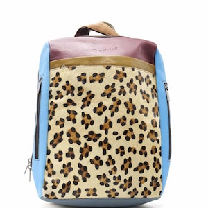 Large Leather Backpack with Animal Print · Laptop Size Backpack · Handmade Woman Shoulder Bag · Colorful Travel Backpack · Computer Bag