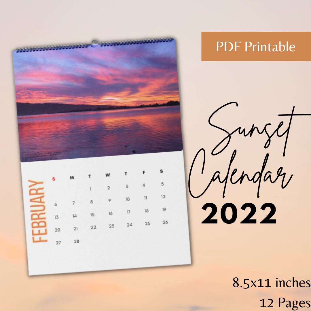 Sunset Calendar 2022 Sunset Wall Calendar 2022 Printable Pdf Instant Digital | Etsy
