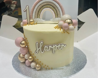 Macrame rainbow cake topper, boho rainbow cake topper, pink and gold cake topper for 1st birthday, christening, baby shower & gender reveal