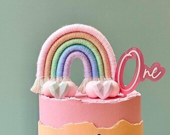 Pastel macrame cake decoration, nursery decor, 1st birthday cake topper, baby shower cake decor, rope rainbow, rainbow for christening cake