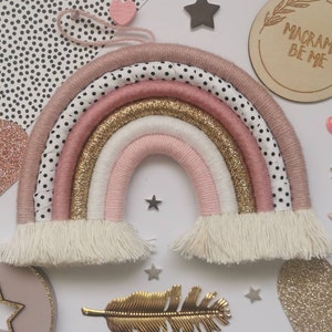 Macrame Rainbow Wall Hanging, Pink Nursery Decor, Girls Bedroom Wall Art, Boho Shelf Decoration, Baby Shower Gift 18cm x 15cm