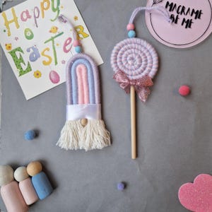 Macrame Gonk and Lollipop Easter Tree Hanging Decoration Set, Pastel Easter Home Decor