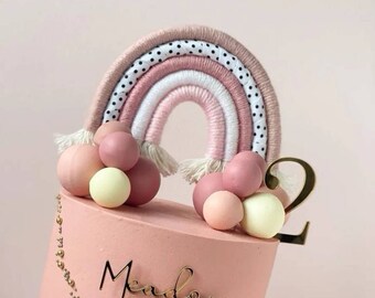 Macrame rainbow cake topper, boho cake topper, pink cake decor, 1st birthday, christening, baby shower & gender reveal cake topper