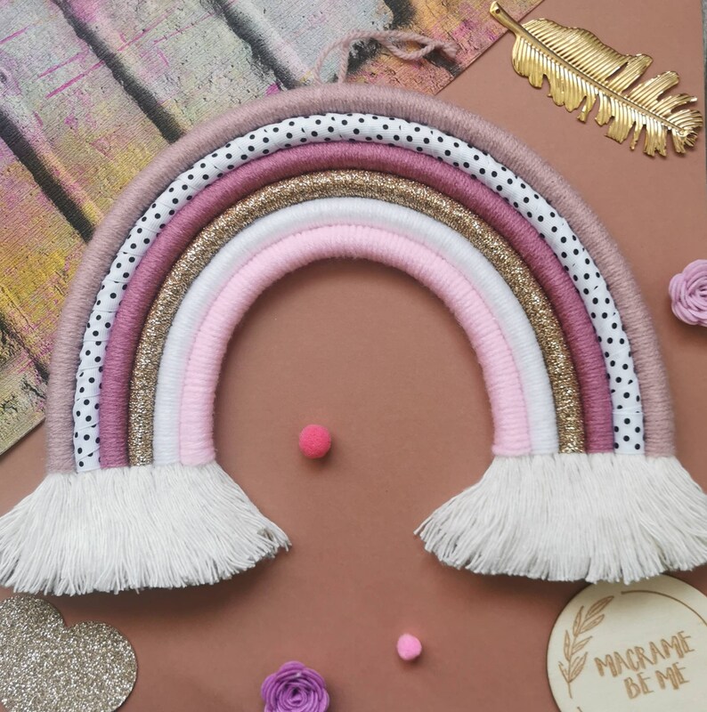 Macrame Rainbow Wall Hanging, Pink Nursery Decor, Girls Bedroom Wall Art, Boho Shelf Decoration, Baby Shower Gift 24cm x 19cm