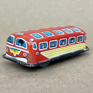 Tin Litho City Bus -  Small Friction Toy  - Caricatures of Classic Passengers in Windows - Made in Japan 1950s - Fine Condition, Wheels Work