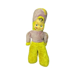 Majorette Plush Stuffed Toy Soldier- Celluloid Face - Purple and Yellow - Extra Large - 27 Inches Tall