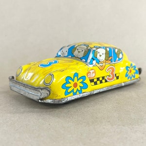 Tin Litho VW Friction Taxi 1960s - STP Car 3 - Shell Logo and STP Logo From 1950s - Made in Japan - Cartoon Characters Inside Taxi