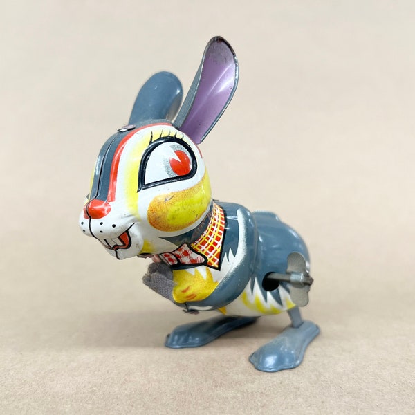 Tin Litho Rabbit  Wind Up Toy - Easter Bunny Tin Litho Hopping Wind Up -Works Fine - Made in Japan 1950s - Very Good Condition