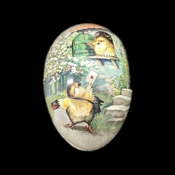 Oeuf de Pâques en papier mâché allemand avec un poussin livrant une lettre d'amour. - un oeuf de Pâques vintage pour amoureux ou femme