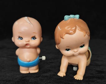 Tomy Wind Up Baby Girl and Boy- Crawling Teal Figure- Kewpie Baby - Made In Taiwan - 1977 Windup Toys - Sold as a set - Both  windups work