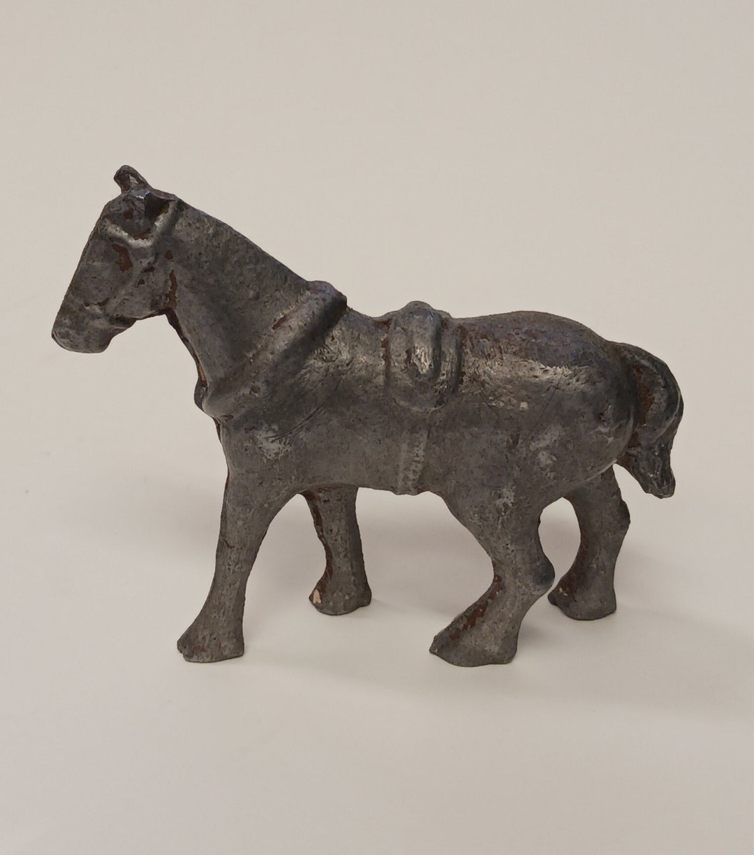 Iron Horse Figurine Metal Figure of Work Horse in Collar and Harness