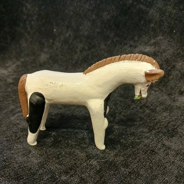 Primitive Metal Horse Figurine - Hand Painted Horse figure with Leaves in Mouth