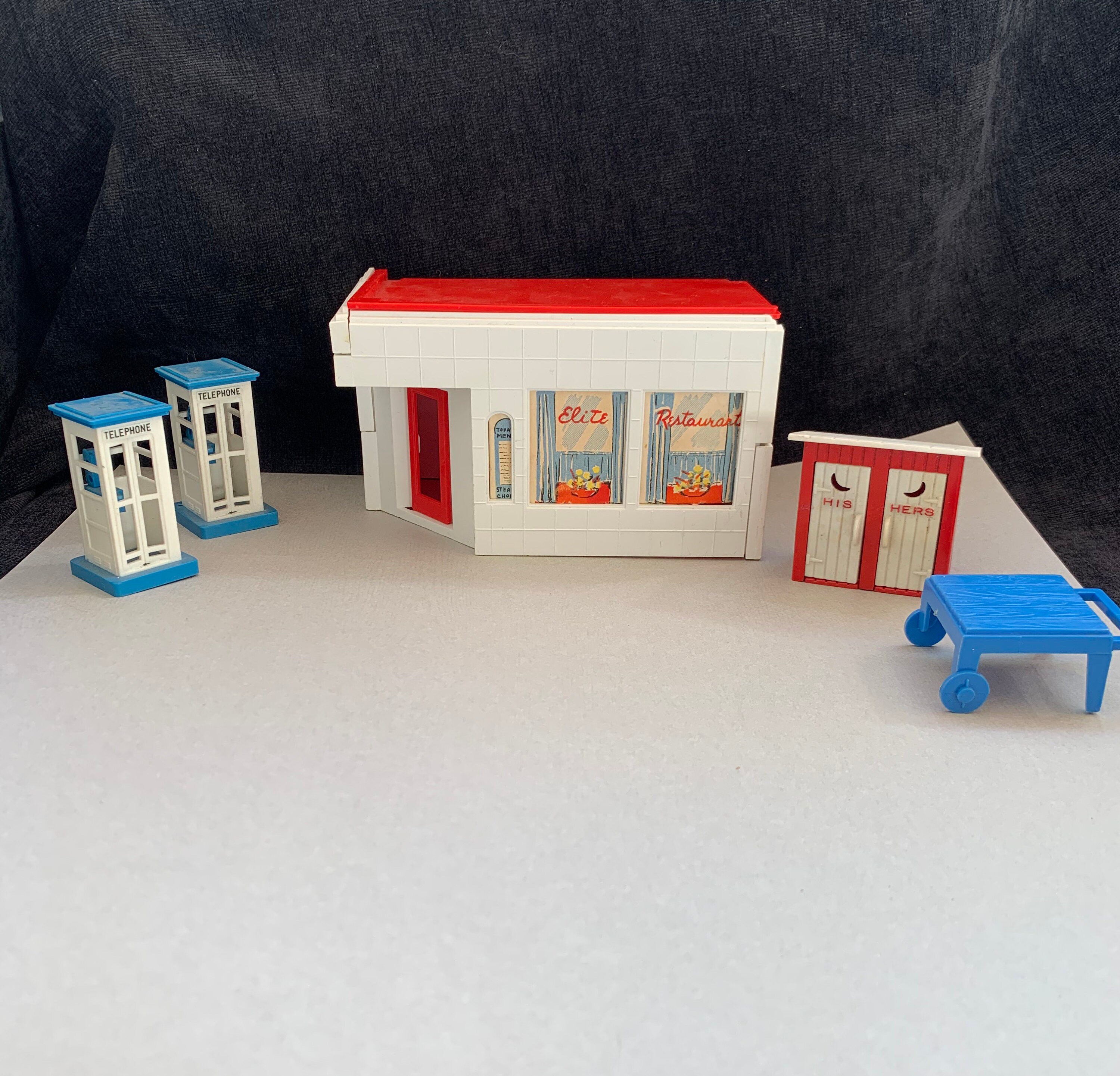 Gas Station Restaurant Doll House  5 piece Set-Outhouse, Phone Booth, Flower Stand