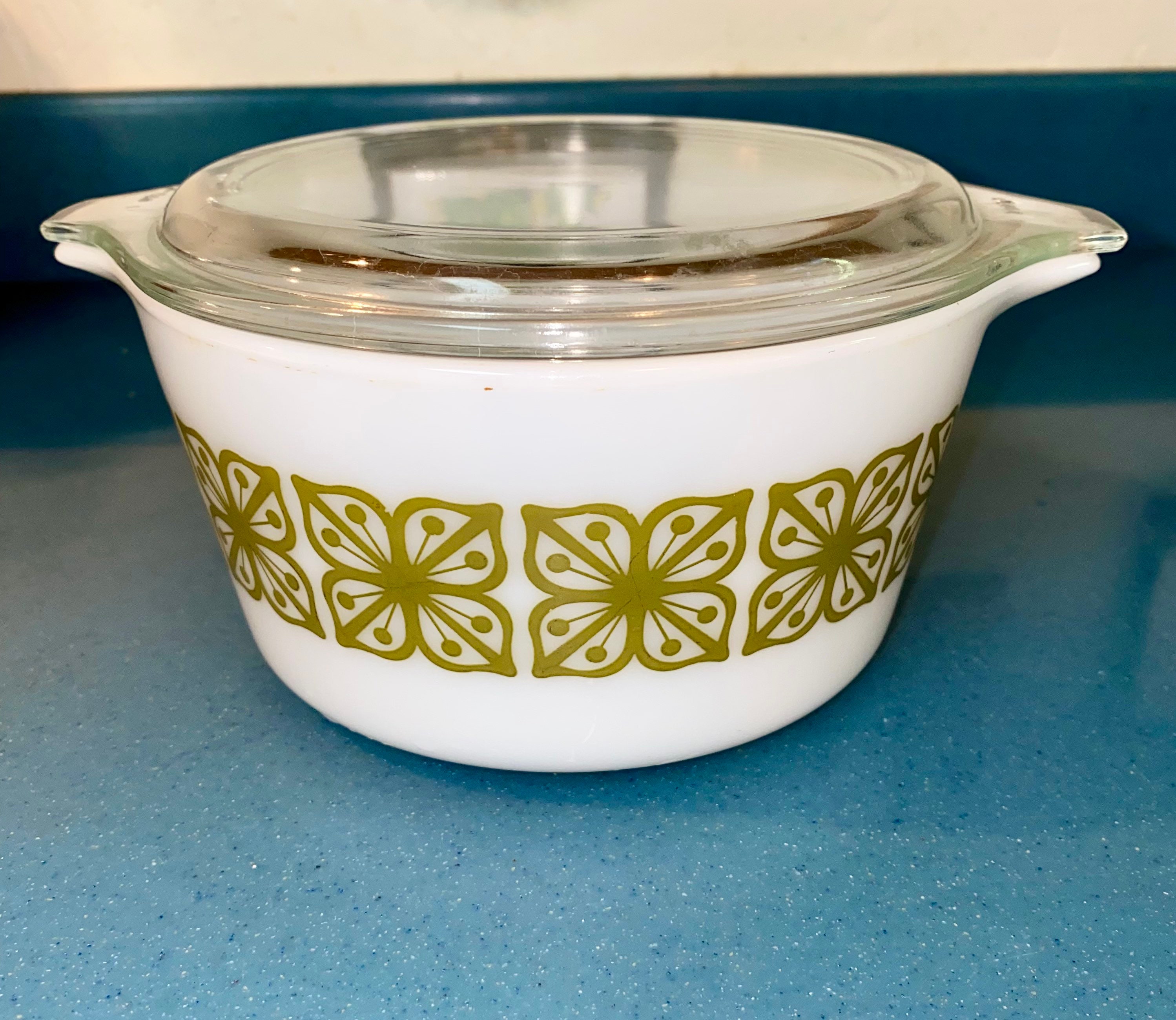 Vintage Pyrex Square Flowers Verde Divided Casserole Dish 1 1/2 Quart with  Lid