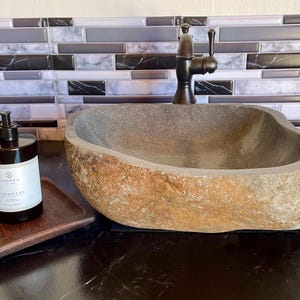Bathroom Vessel Sink LargeNatural Stone Basin Boho Home Decor Unique Handmade for Vanity Powder Room Bath Decor Bathroom Remodel Idea