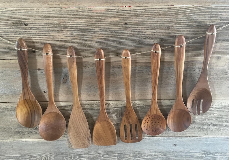Teak Kitchen Utensil Set Handmade Wooden Spoons Cooking Tools Natural Wood Collection Artisan Crafted Design Chef Quality Essentials Premium Kitchen Accessories Sustainable Material Elegant Serving Tools Daily Cooking Helper Professional