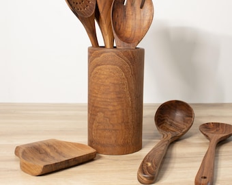 Handmade Teak Kitchen Utensil Set: Sustainable Wood Spoons, Natural Rustic Cooking Tools