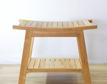 Luxury Teak Shower Bench with Shelf Natural Teak Wood Shower Stool Waterproof Bathroom Decor Home Spa Experience Adjustable Feet