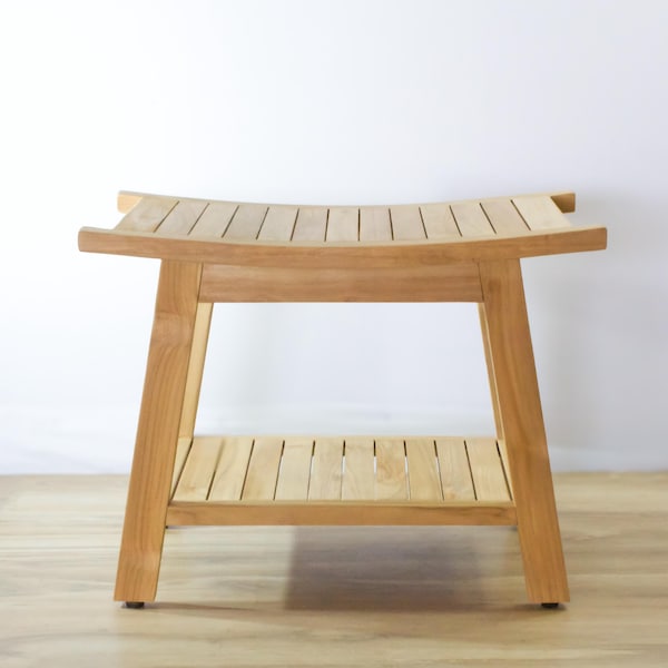 Luxury Teak Shower Bench with Shelf Natural Teak Wood Shower Stool Waterproof Bathroom Decor Home Spa Experience Adjustable Feet