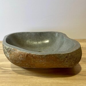 Natural Stone Basin River Rock Sink Handcrafted Bathroom Vessel Unique Design Pattern Earthy Material Construction Java Island Origin Boho Style Fixture Luxury Wash Bowl One Of A Kind Creation Bathroom Vanity Element Organic Home Addition