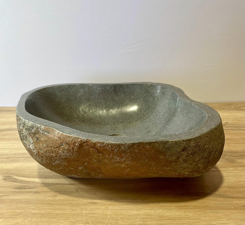 Natural Stone Basin River Rock Sink Handcrafted Bathroom Vessel Unique Design Pattern Earthy Material Construction Java Island Origin Boho Style Fixture Luxury Wash Bowl One Of A Kind Creation Bathroom Vanity Element Organic Home Addition
