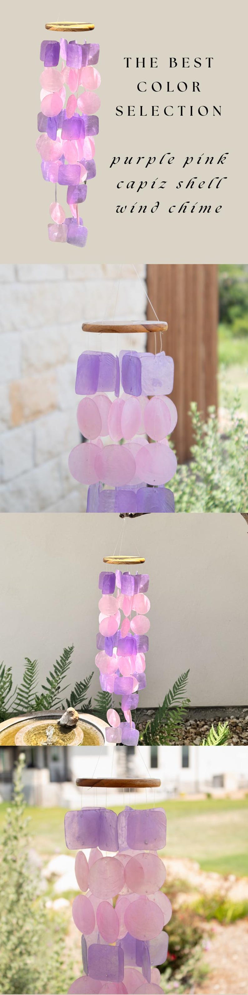 May include: A capiz shell wind chime in shades of purple and pink. The chime features square and round capiz shells suspended from a wooden top. The text on the image reads "THE BEST COLOR SELECTION purple pink capiz shell wind chime."