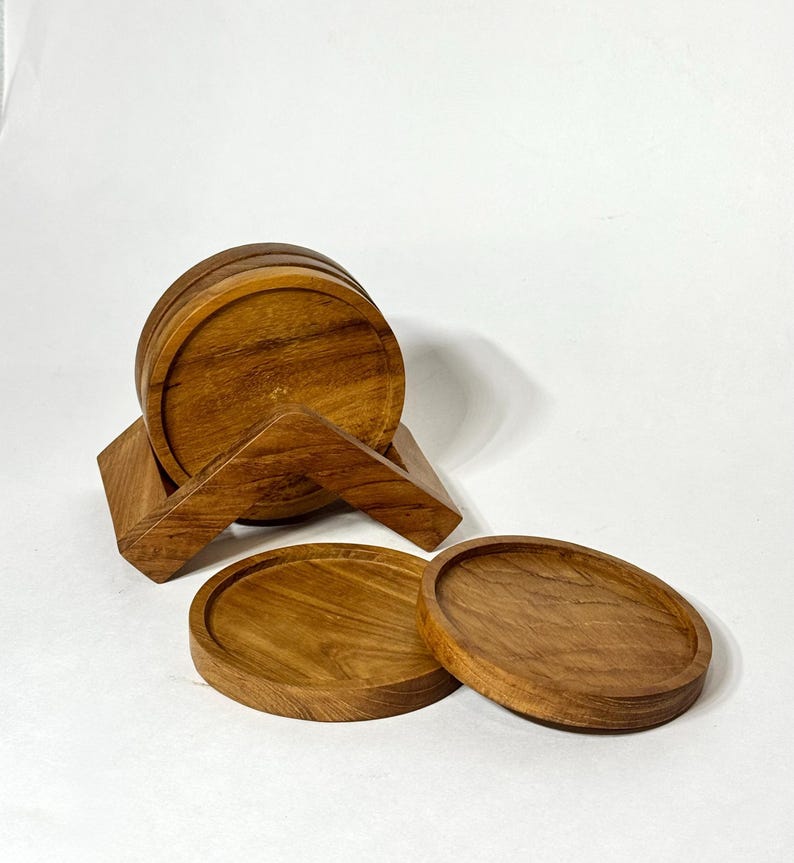 Triangular Holder Coaster Set Handcrafted Teak Wood Natural Design Rustic Style Home Essential Kitchen Accessory Dining Table Protection Water Resistant Organic Material Perfect Housewarming Gift Wedding Present Beautiful Beverage Mat