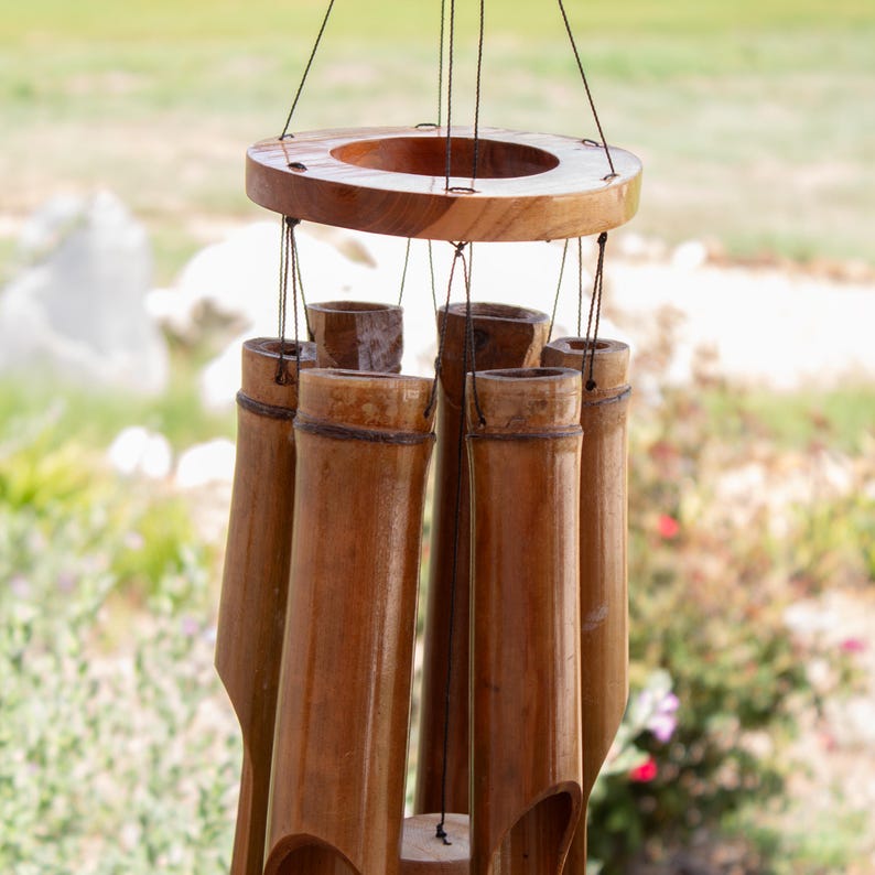 Natural Sound Wind Chime Bamboo Material Outdoor Decoration Boho Style Aesthetic Bali Inspired Design Garden Accessory Relaxing Melody Patio Hanging Element Balcony Enhancement Zen Atmosphere Creator Sustainable Reclaimed Materials Calming