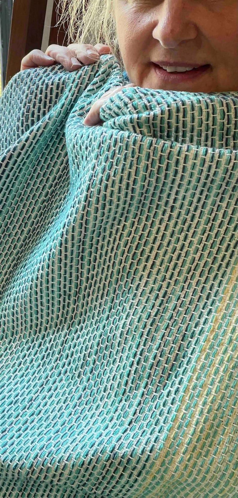 Lightweight Cotton Throw Modern Design Color Block Pattern Beige Green Blue Textile Soft Comfortable Material Living Room Accent Couch Covering Home Styling Element Contemporary Aesthetic Appeal Beautiful Color Combination Quality
