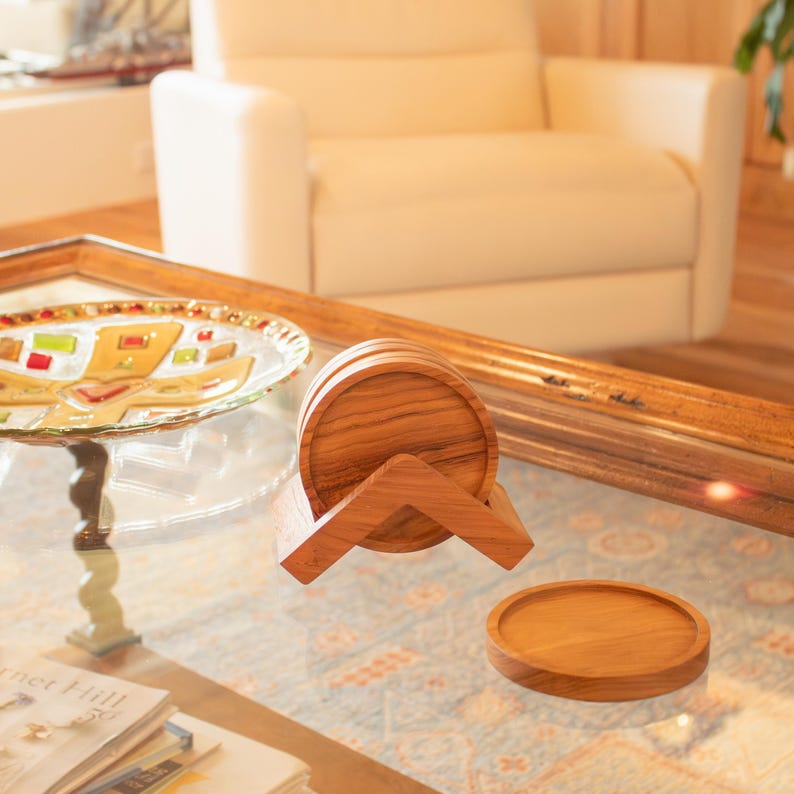 Natural Teak Wood Coaster Collection Triangular Holder Design Water Resistant Drink Protection Dining Table Accessory Kitchen Essential Organic Material Handcrafted Set Rustic Style Home Beverage Mat Perfect Wedding Gift Housewarming
