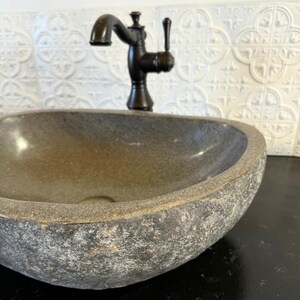 Bathroom Vanity Sink Stone Vessel Basin Natural River Rock Design Luxury Home Fixture Handmade Wash Bowl Unique Bathroom Element Earthy Boho Aesthetic One Of A Kind Creation Java Island Origin Organic Material Construction Spa Inspired
