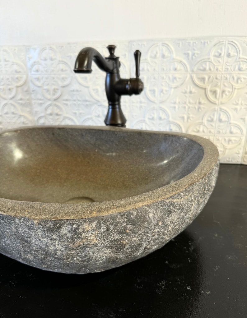 Bathroom Vanity Sink Stone Vessel Basin Natural River Rock Design Luxury Home Fixture Handmade Wash Bowl Unique Bathroom Element Earthy Boho Aesthetic One Of A Kind Creation Java Island Origin Organic Material Construction Spa Inspired