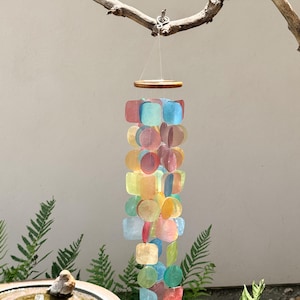 Bali Style Wind Chime Rainbow Capiz Shell Outdoor Garden Decoration Coastal Beach Themed Accessory Colorful Hanging Ornament Soothing Sound Maker Relaxation Aid Meditation Helper Patio Accent Piece Natural Material Construction Gentle