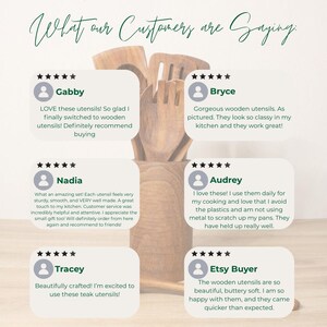 May include: A collection of wooden kitchen utensils stored in a matching wooden holder, displayed with six customer reviews featuring five-star ratings and the text What our Customers are Saying at the top of the image.