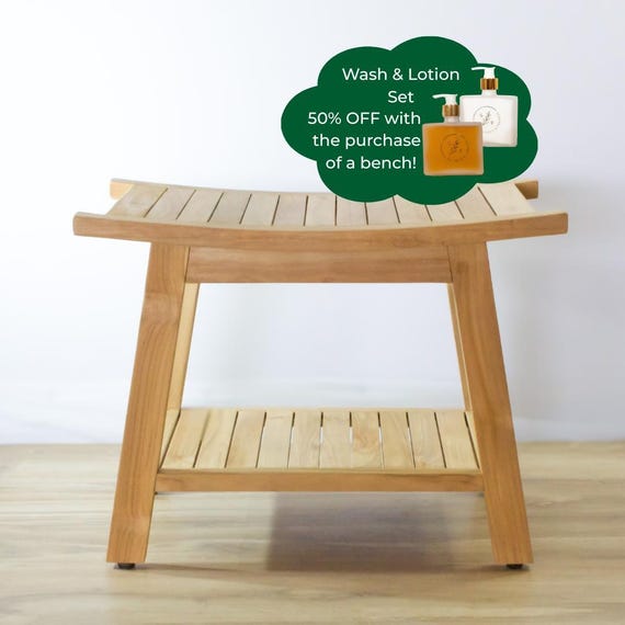 Teak Shower Bench Wooden Bathroom Stool Seat Spa Accessories Home Decor Boho Style Luxury Furniture Waterproof Design Minimalist Aesthetic