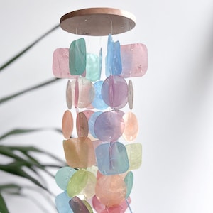 Rainbow Wind Chimes Beachy Outdoor Patio Windchime Coastal Garden Decor Sea Glass Wind Chime Made From Capiz Shell