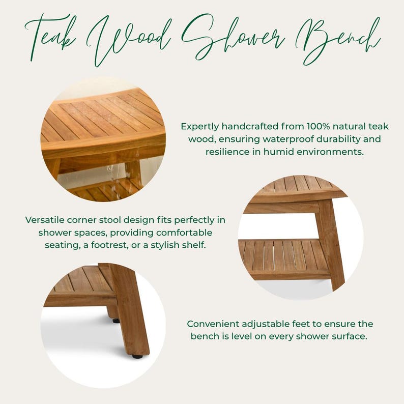 Op de afbeelding: Een douchebank van teakhout met een hoekkrukontwerp, voorzien van een lattenzitting en een onderste opbergplank. De bank heeft verstelbare voeten voor stabiliteit en tekst: Teak Wood Shower Bench, Expertly handcrafted from 100% natural teak wood, Versatile corner stool design, en Convenient adjustable feet.