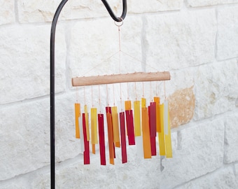 Glass Wind Chime Outdoor Patio Window Hanging Garden Decoration Handmade Artisan Crafted Mobile Sunset Color Driftwood Calm Sounds Gift