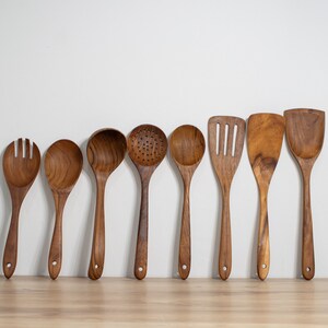 Cooking Utensil Collection Premium Teak Wood Set Handmade Kitchen Tools Natural Wooden Spoons Chef Essential Accessories Sustainable Material Design Professional Grade Utensils Daily Cooking Helpers Beautiful Serving Collection Artisan