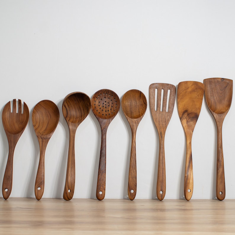 Cooking Utensil Collection Premium Teak Wood Set Handmade Kitchen Tools Natural Wooden Spoons Chef Essential Accessories Sustainable Material Design Professional Grade Utensils Daily Cooking Helpers Beautiful Serving Collection Artisan