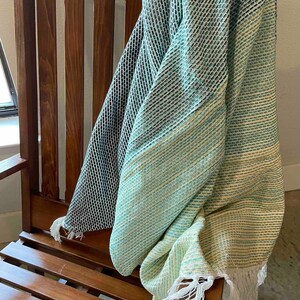 Soft Cotton Throw Blanket Lightweight Design Color Block Pattern Beige Green Blue Textile Modern Living Room Accent Couch Covering Bed Layering Option Comfortable Material Quality Home Styling Decorative Piece Contemporary Interior Element