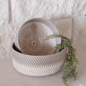 Rattan Stacking Basket Storage Container Organization Solution Natural Material Handwoven Design White Gray Bathroom Counter Kitchen